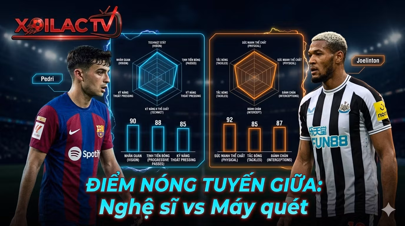 Đồ họa so sánh chỉ số sức mạnh giữa Pedri và Joelinton. Điểm nóng tuyến giữa quyết định cục diện trận đấu Barca vs Newcastle.