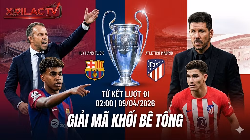 Ảnh bìa nhận định trận tứ kết Champions League giữa Barcelona và Atletico Madrid tại Xoilac TV, với hình ảnh HLV Hansi Flick, Lamine Yamal đối đầu HLV Diego Simeone, Julian Alvarez cùng cúp C1 và tiêu đề GIẢI MÃ KHỐI BÊ TÔNG.