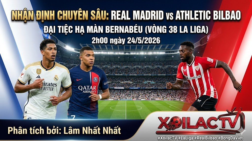 Hình ảnh nhận định trực tiếp trận đấu Real Madrid vs Athletic Bilbao với cuộc đối đầu giữa Kylian Mbappé và Iñaki Williams trên Xoilac TV.