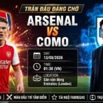 Ảnh bìa nhận định và trực tiếp bóng đá trận Arsenal vs Como lúc 01h30 ngày 13/08/2026 trên sân vận động Emirates - Xoilac TV.
