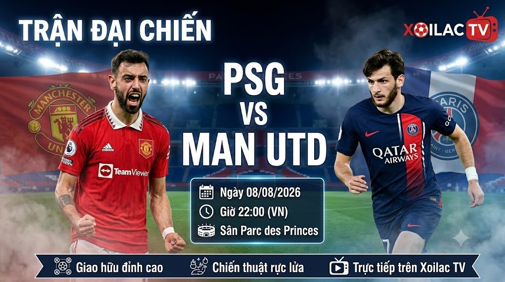 Nhận định và soi kèo trận đại chiến giao hữu giữa PSG vs Man Utd lúc 22h00 ngày 08/08/2026 trên nền tảng Xoilac TV.