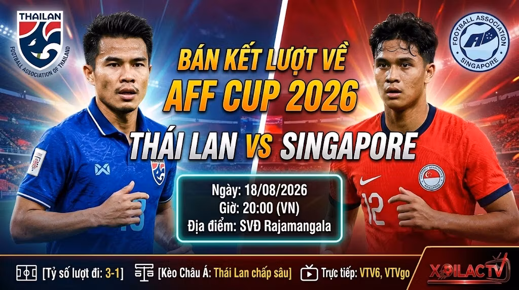 Ảnh bìa nhận định trận đấu giữa Thái Lan vs Singapore, bán kết lượt về AFF Cup 2026, soi kèo trực tiếp bóng đá trên Xoilac TV.