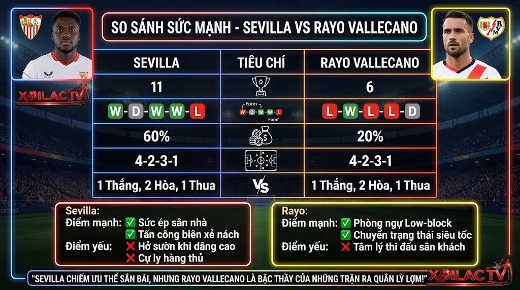 Bảng thống kê phong độ, lịch sử đối đầu và so sánh sức mạnh Sevilla vs Rayo Vallecano tại Xoilac TV